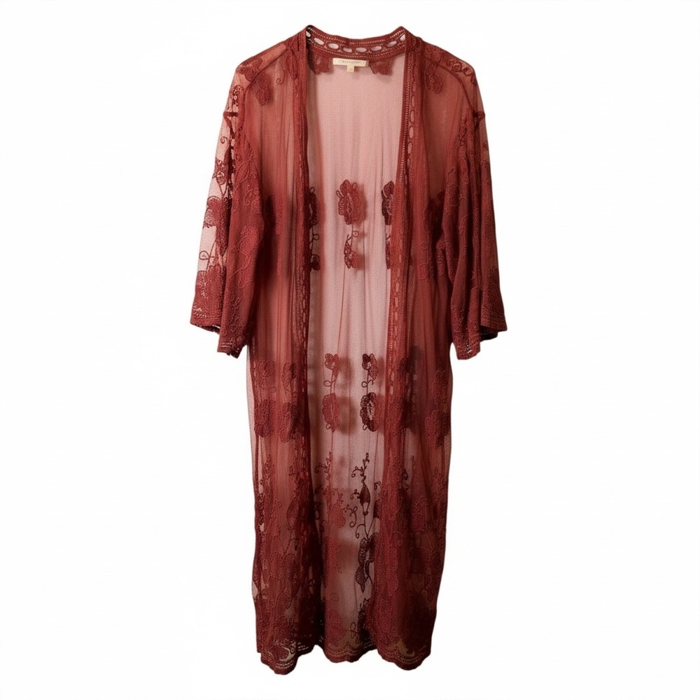 Wishful Park Sheer Embroidered Lace Kimono Small Rust Boho Cardigan